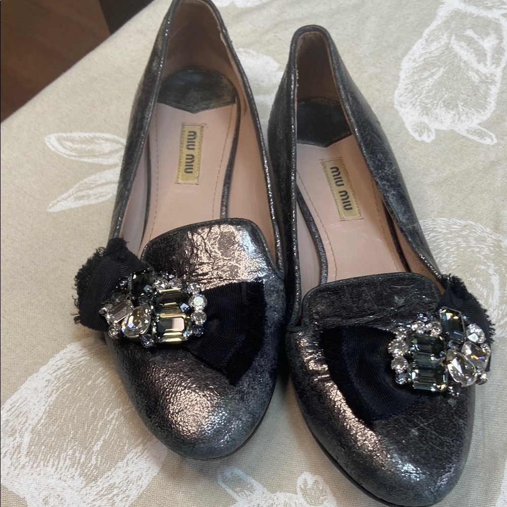 Miu Miu Women's Black and Silver Loafers